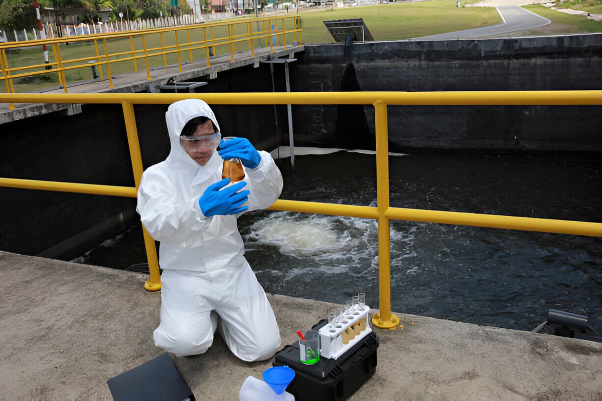 Water analysis operator wearing PPE sample and audit water from the water treatment plant